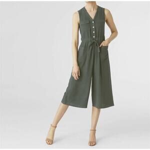 Coco + Carmen Womens Novella Sleeveless Button Front Linen Romper Sea Green L-XL